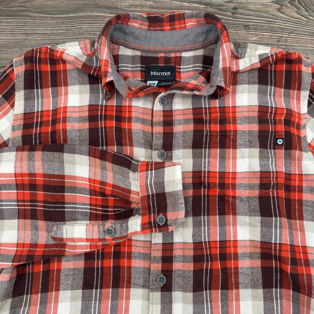 Marmot Flannel Shirt Long Sleeve Button Up‎ Outdoor Casual M/M Red Brown Plaid